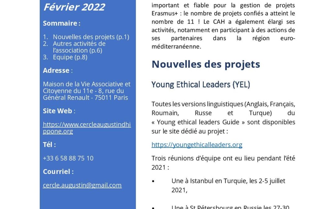 Newsletter du CAH – Février 2022 : 2021, une année riche pour le Cercle Augustin d’Hippone