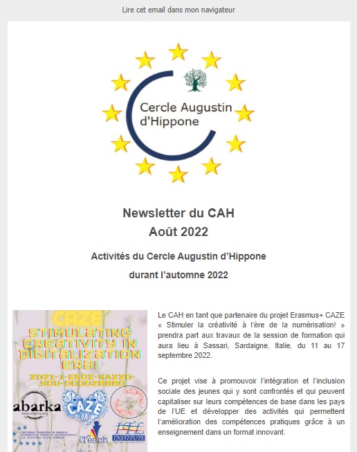 Newsletter du CAH – Août 2022 : Activités du Cercle Augustin d’Hippone durant l’automne 2022